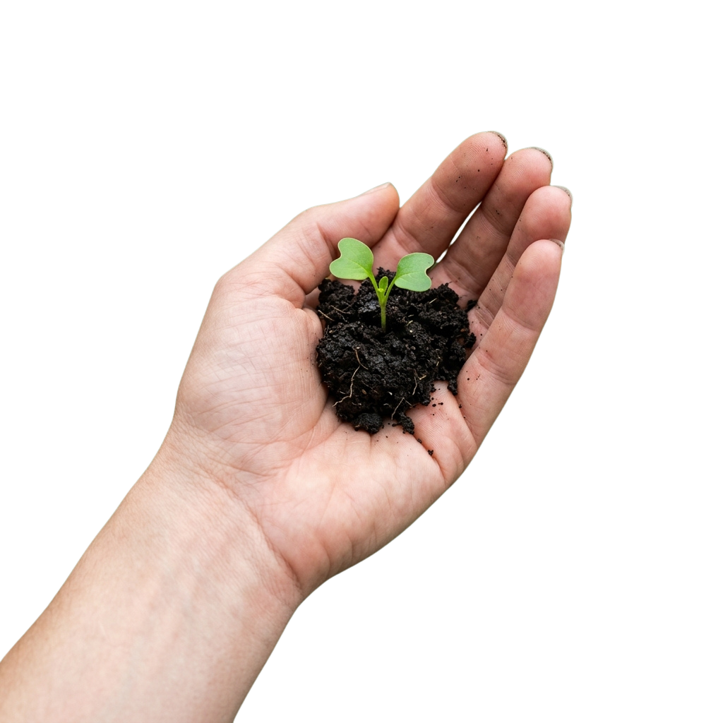 A hand gently holding a small seedling with green leaves sprouting from dark soil.