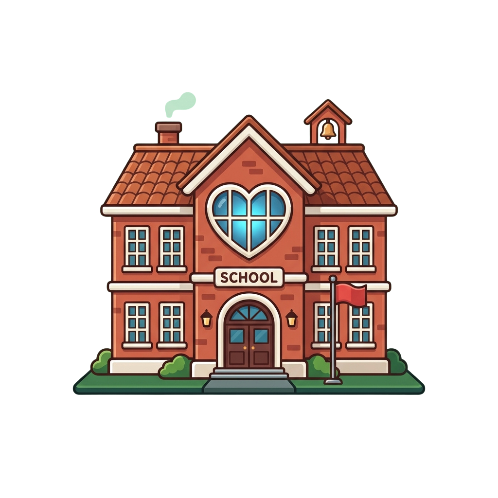 Illustration of a cartoon school building featuring a heart-shaped window and a sign reading School