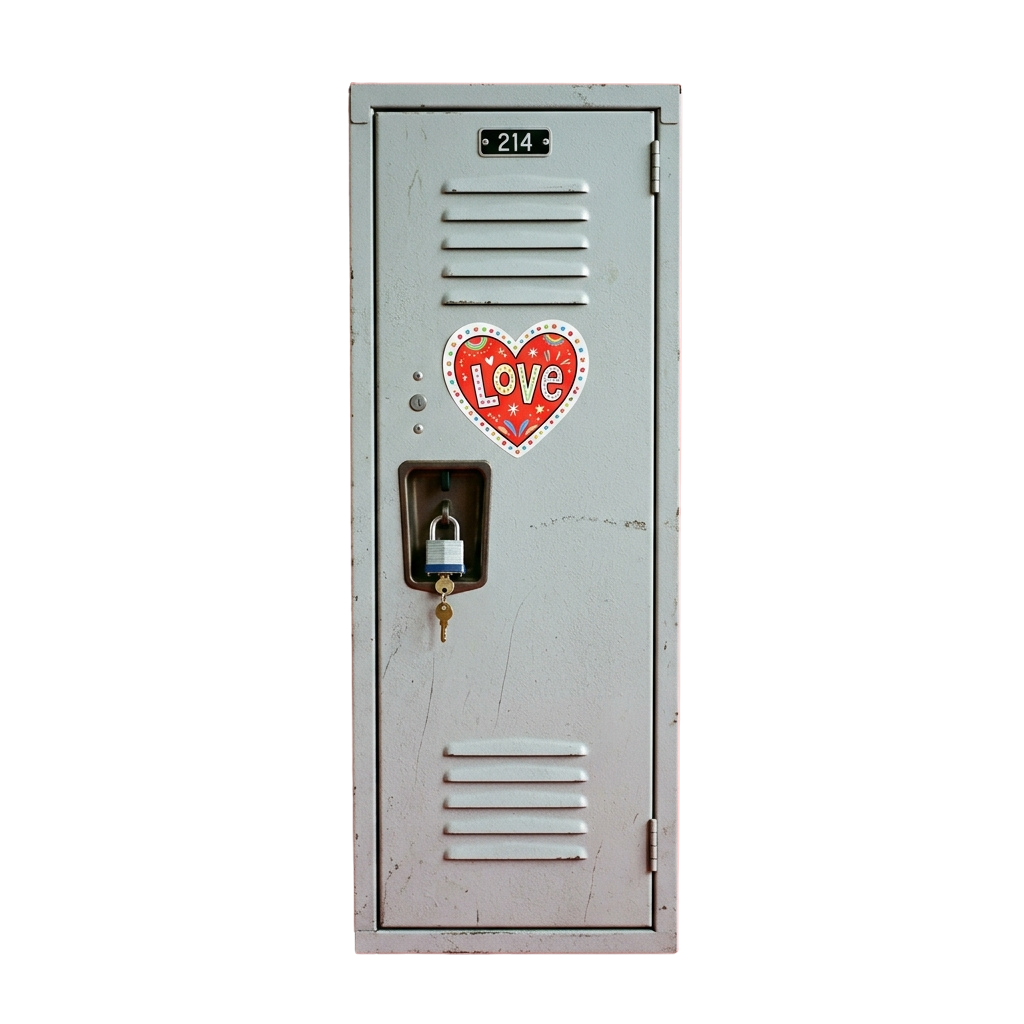 A light blue vintage school locker labeled 214, featuring a red heart sticker with the word love and a combination lock.
