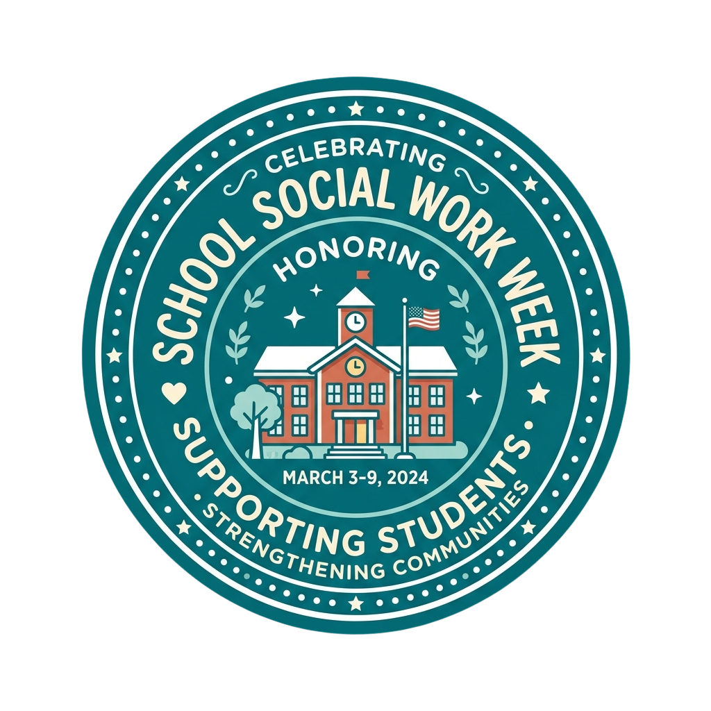 School Social Work Week badge featuring a school building illustration and dates March 3-9, 2024