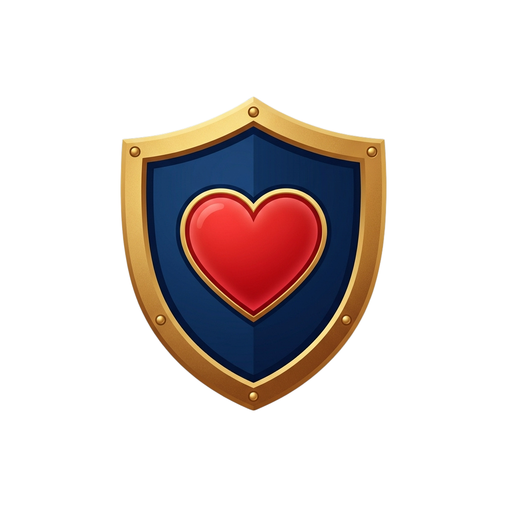 A stylized shield featuring a central red heart shape on a blue background with gold trim