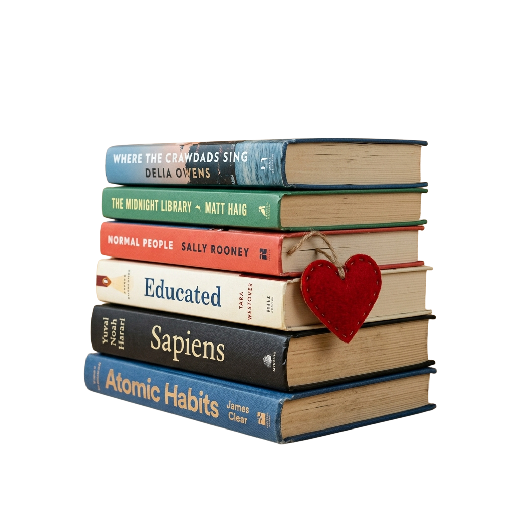 Six books stacked with a red heart decoration attached to the middle book spine