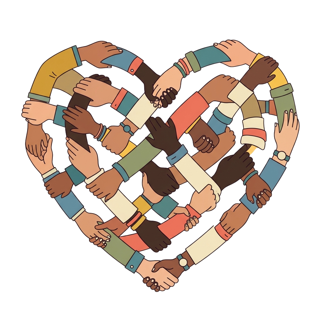 Illustration of many hands of different skin tones holding together to form a heart shape.