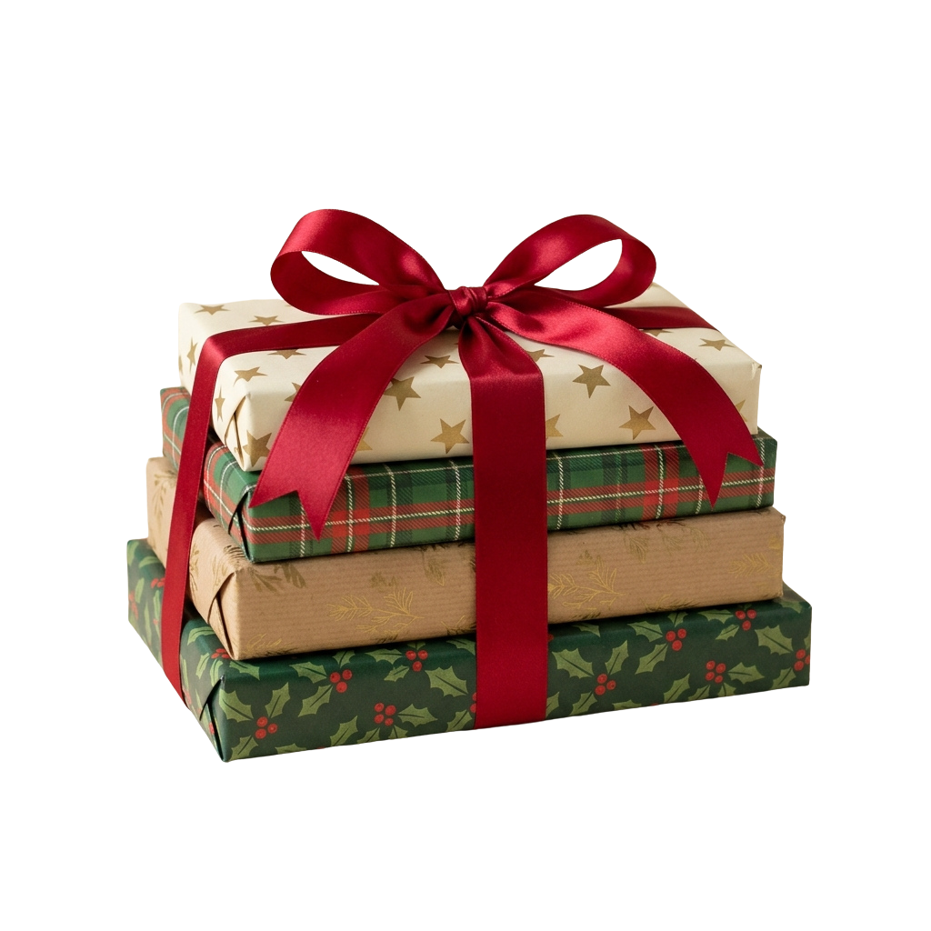 Four gift-wrapped boxes with holiday patterns stacked and tied with a red satin ribbon bow.