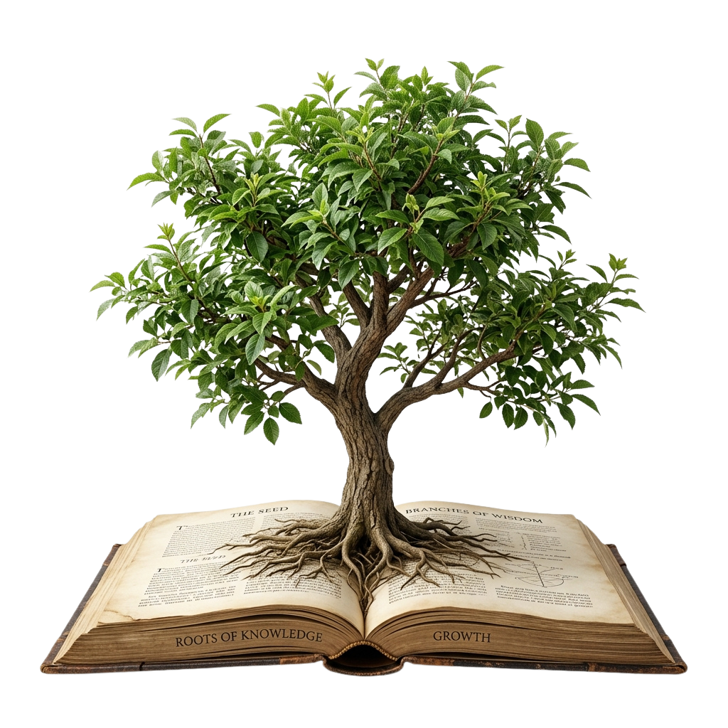 An open book with a tree growing from its pages, representing knowledge and growth.