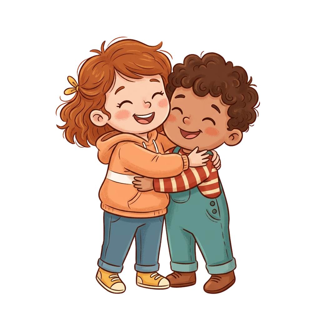 Two cartoon children laughing and hugging each other with big smiles