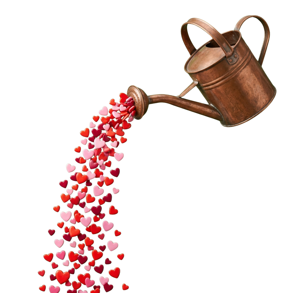 A copper watering can pouring red and pink heart shapes onto a black background