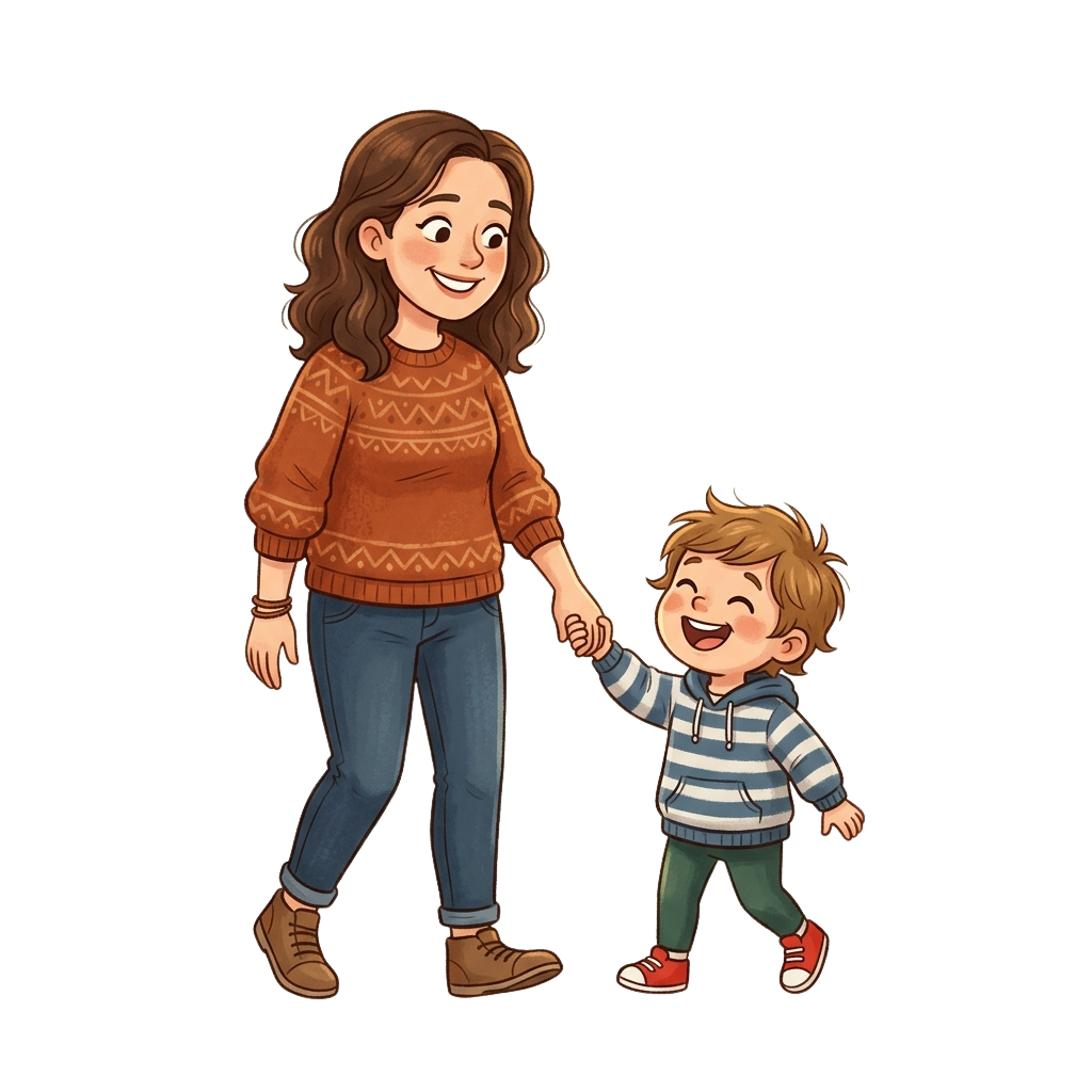A smiling woman and a young boy holding hands while walking together.