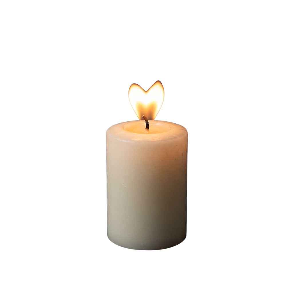 A lit candle with a heart-shaped flame on top against a dark background