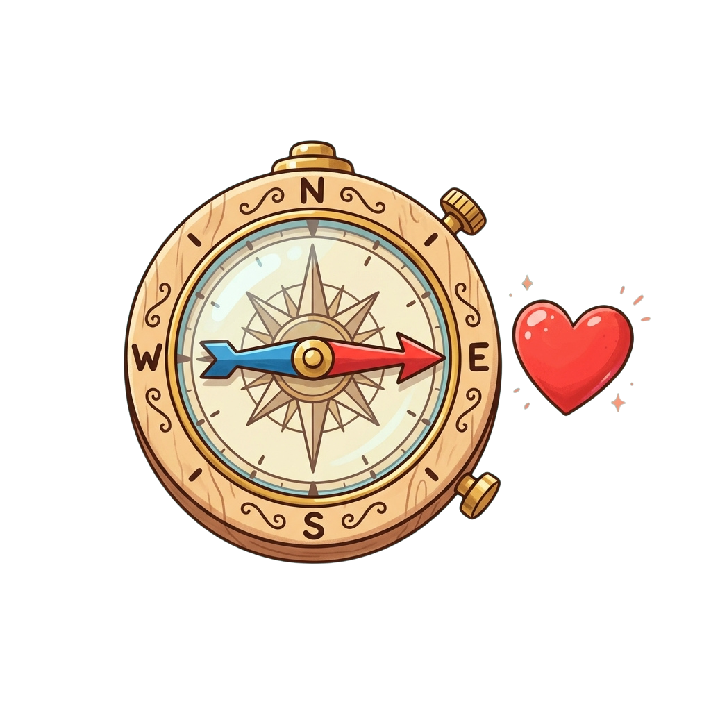 A wooden-style compass with a red heart and sparkles pointing to the east direction