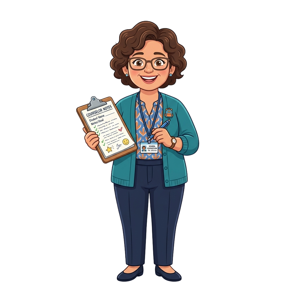 Smiling school counselor cartoon character holding clipboard with notes and ID badge around neck