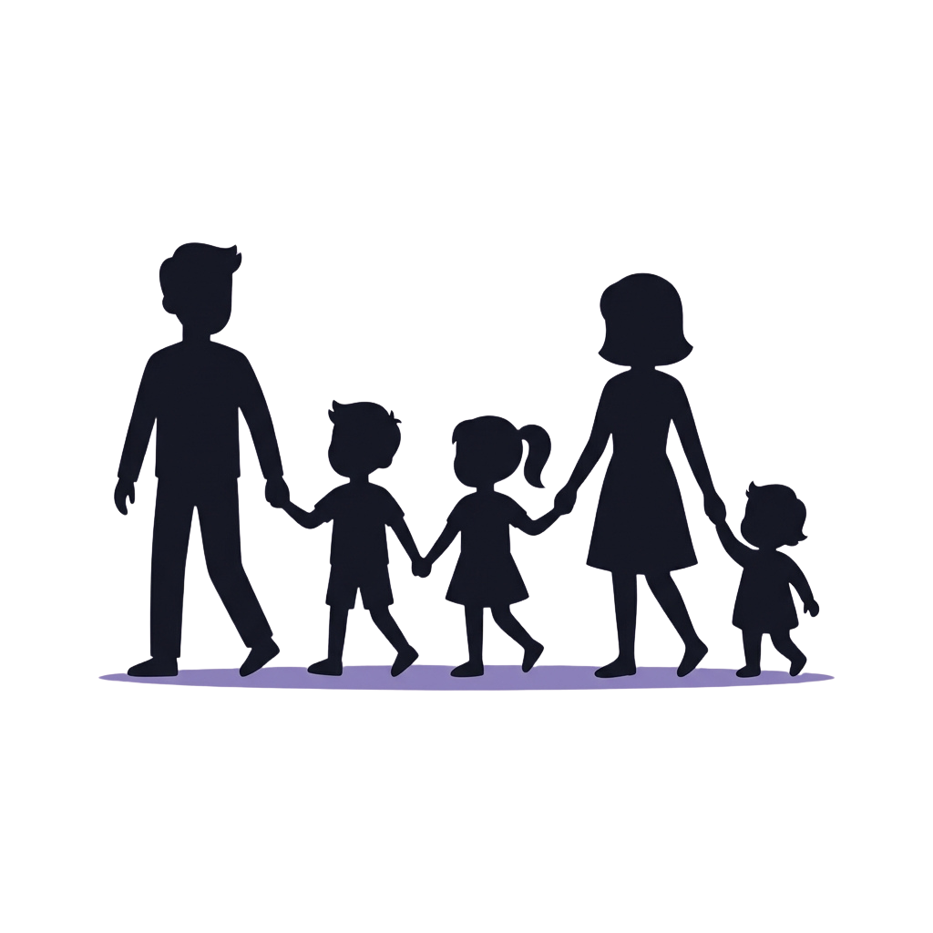 Five silhouetted figures holding hands walking side by side against a dark background