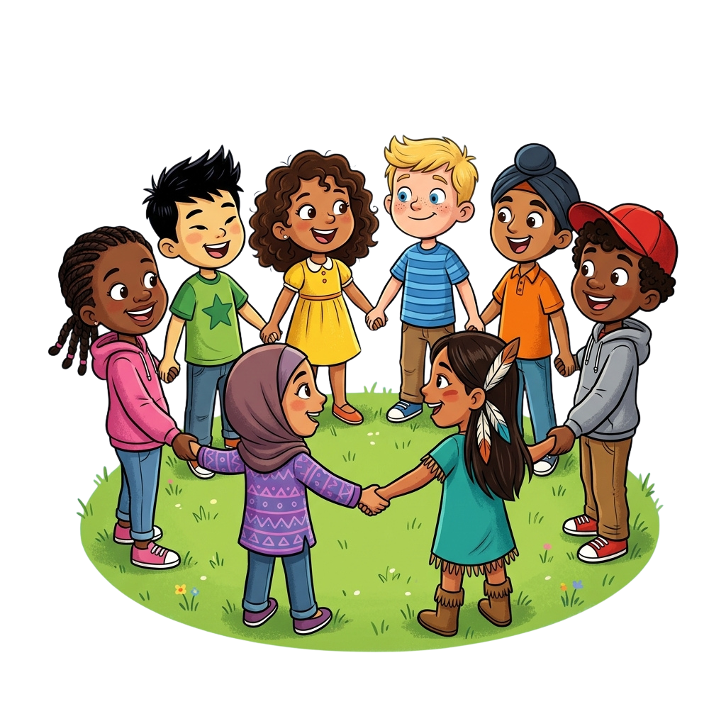 Seven smiling children of diverse backgrounds holding hands in a circle on green grass