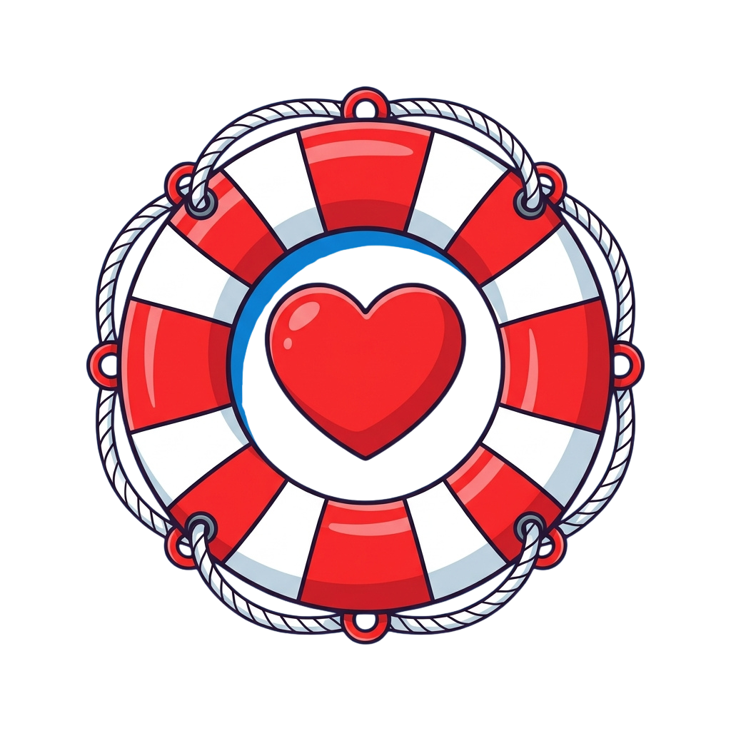 Life preserver with a red heart in the center, surrounded by red and white segments and rope edges