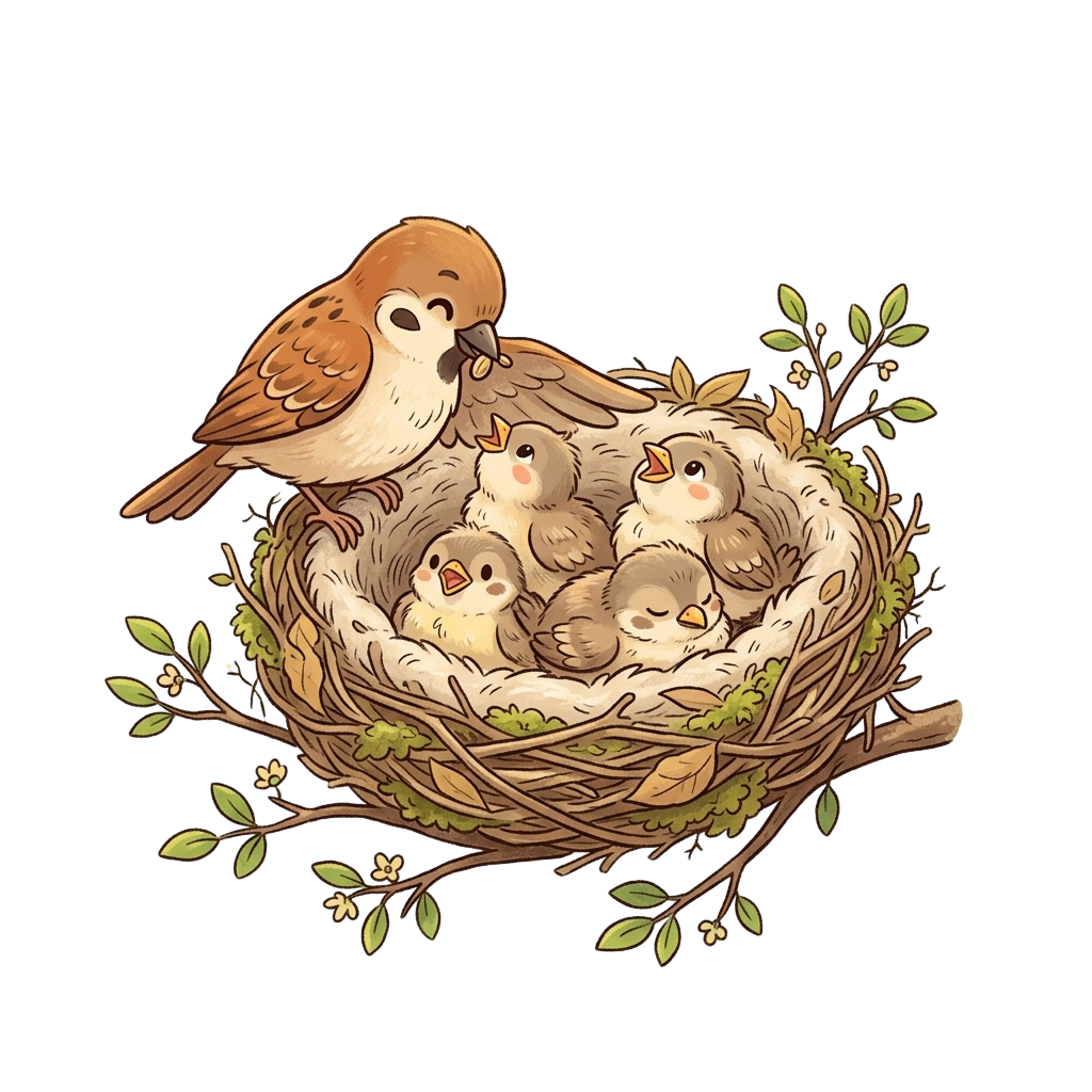 Illustration of a mother bird feeding her five chicks in a nest with green leaves