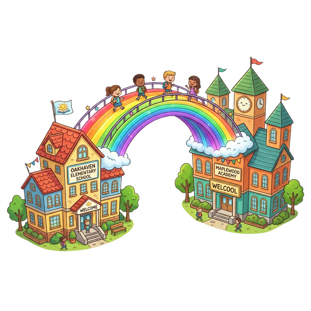 Illustration of a rainbow bridge connecting two school buildings with children walking across it