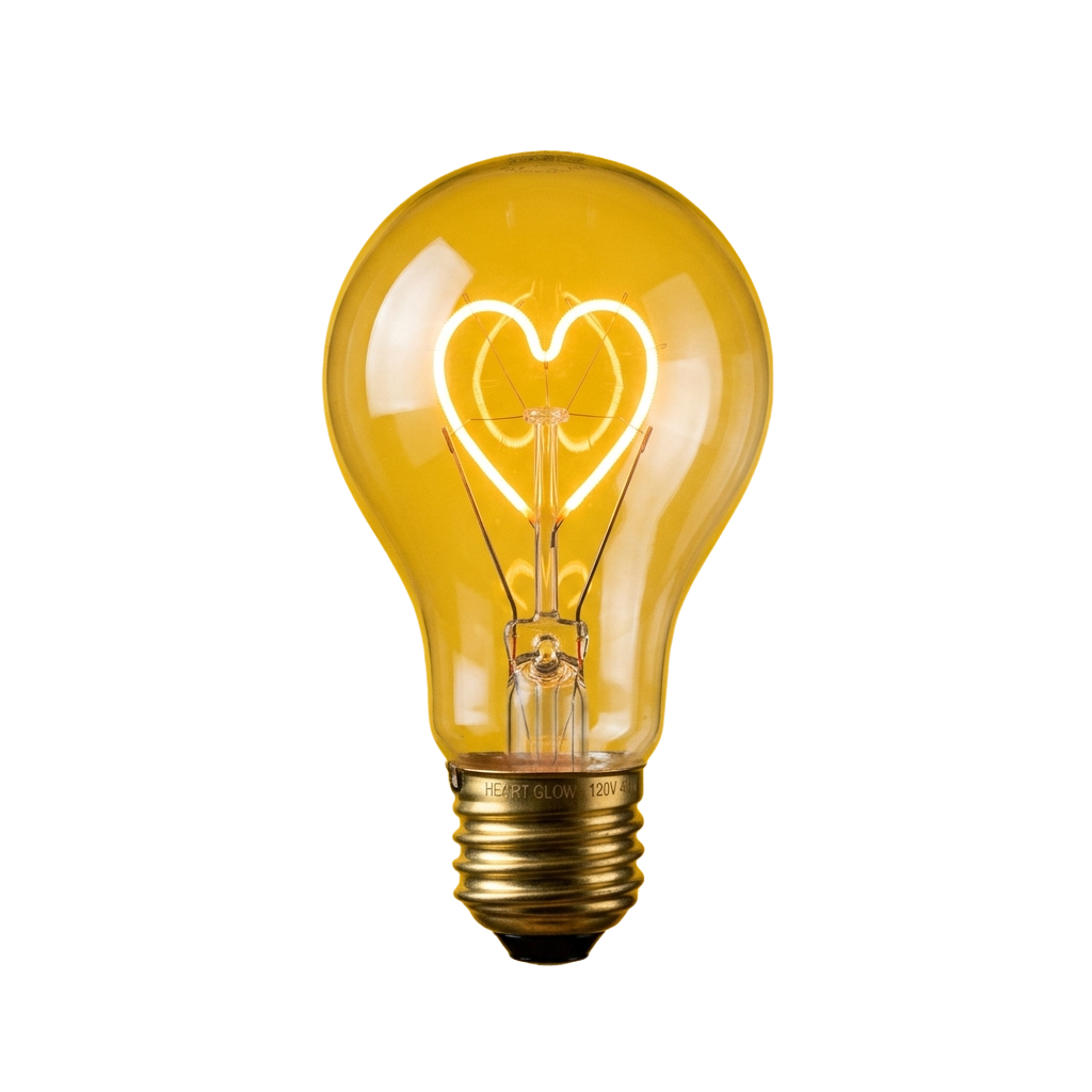 A glowing light bulb with a heart shape inside emitting warm yellow light