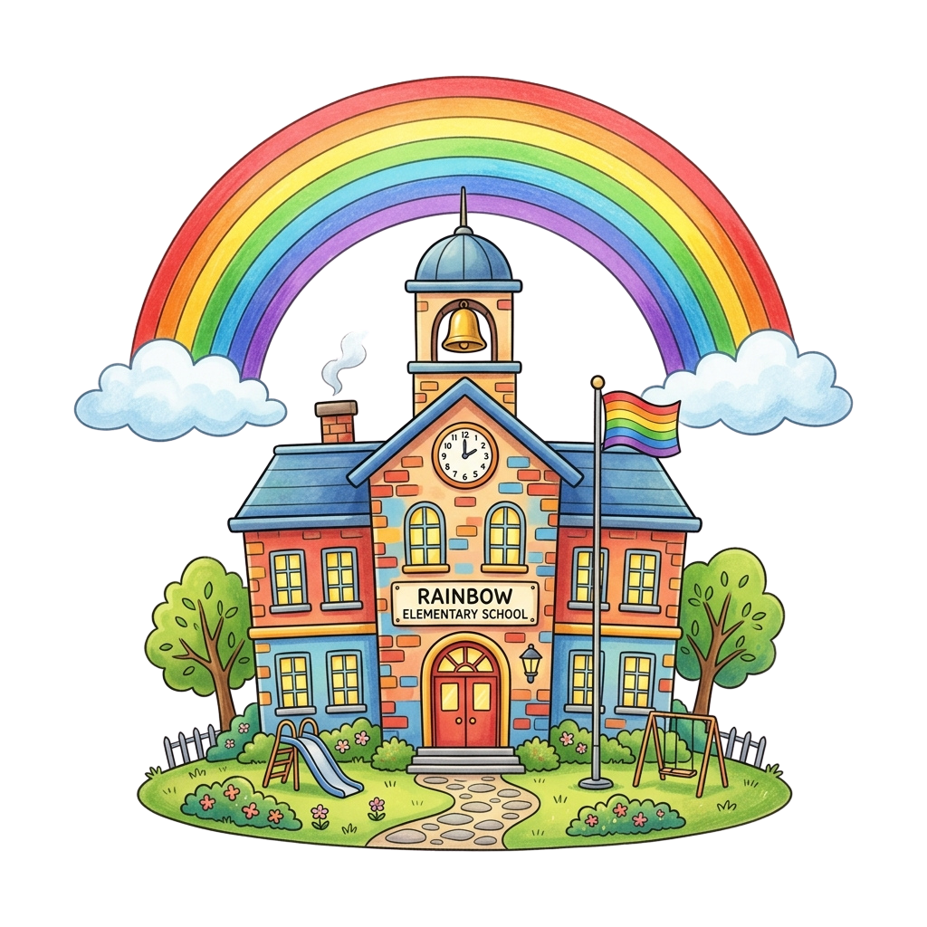 Colorful illustration of Rainbow Elementary School with a rainbow arching over it, playground equipment, and trees.