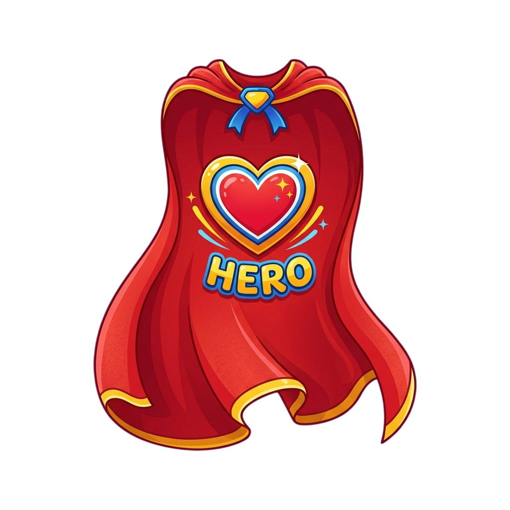 A vibrant red superhero cape featuring a glowing heart emblem and the word hero in bold letters.
