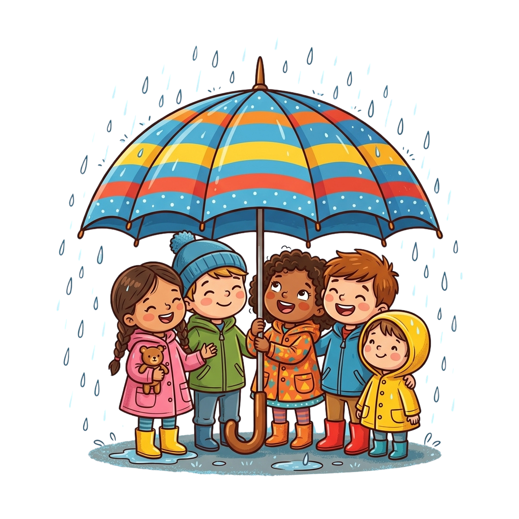 Five smiling children standing under a colorful striped umbrella during rain, wearing raincoats and boots
