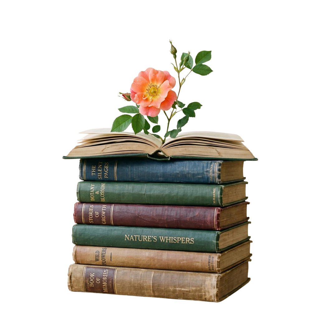 A stack of vintage-style books with an open book on top and a pink rose growing between the pages