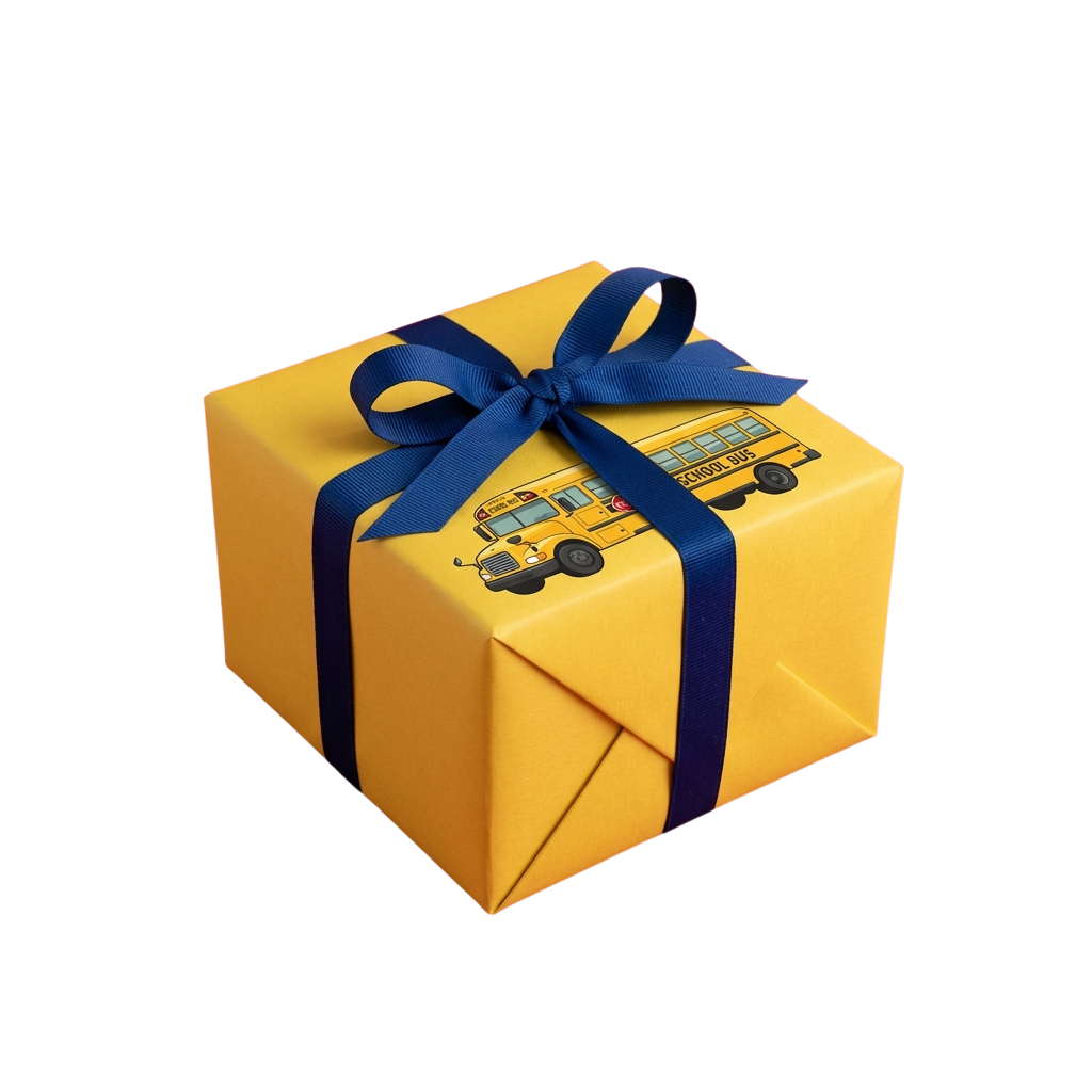 Bright yellow gift box with a school bus design and a blue ribbon tied in a bow