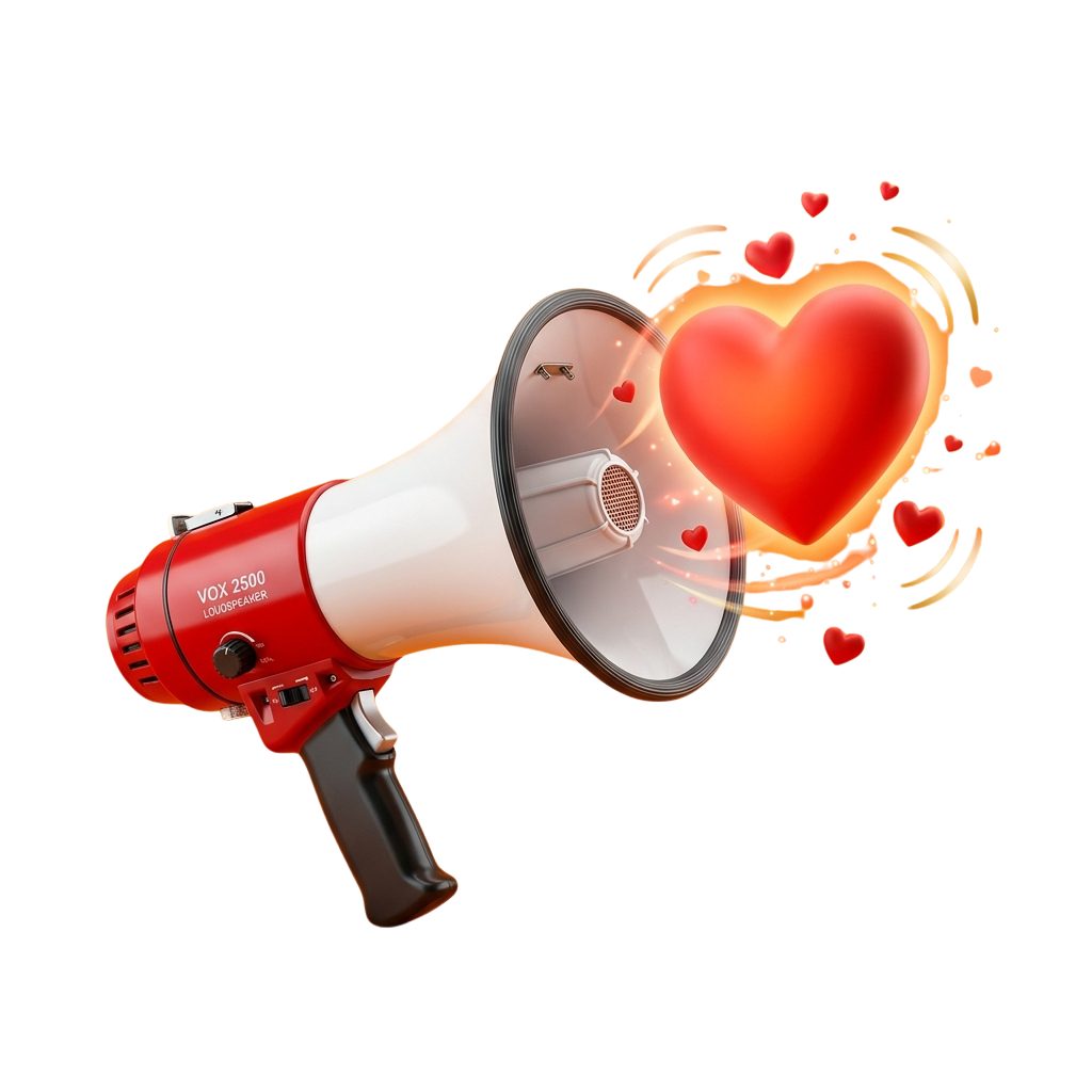 A red megaphone emitting a large glowing heart shape with smaller hearts radiating outward against a black background