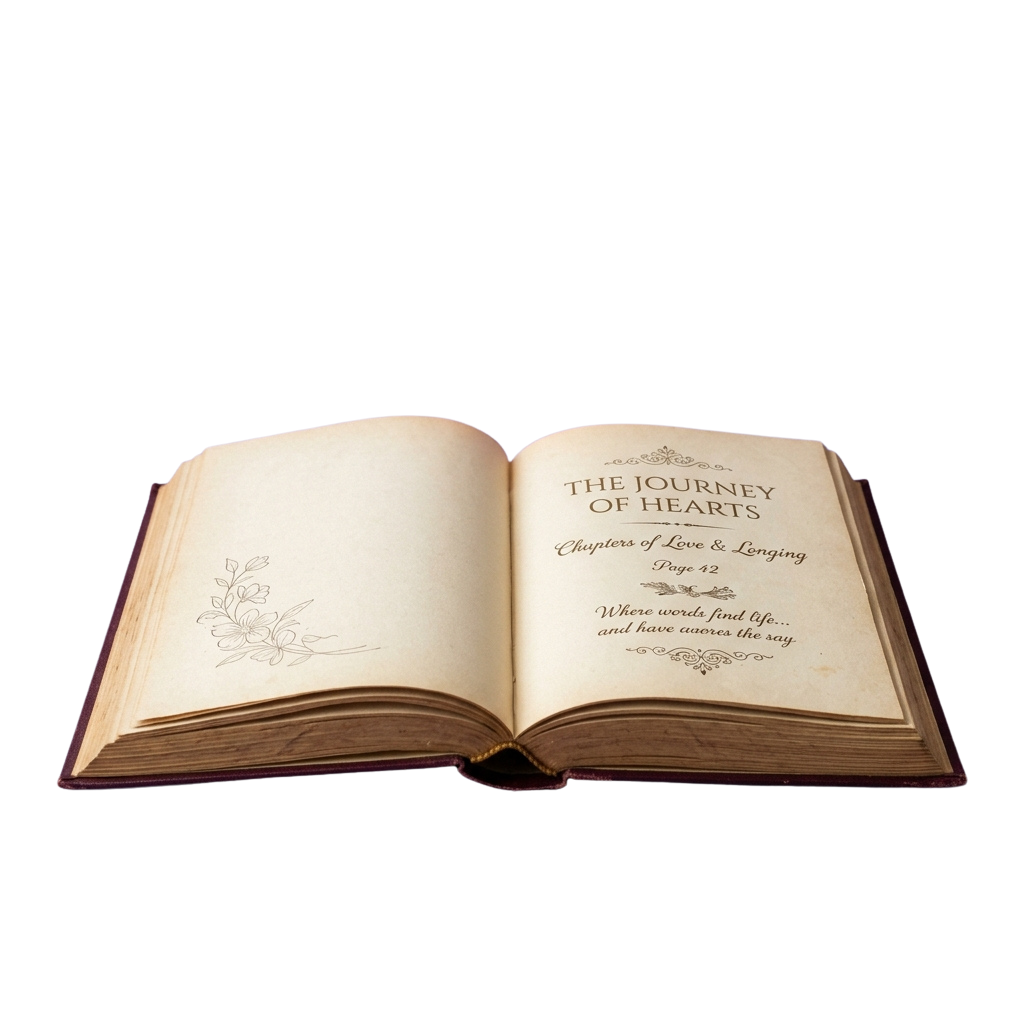 An open book displaying an ornate page titled Journey of Hearts with decorative floral illustrations.
