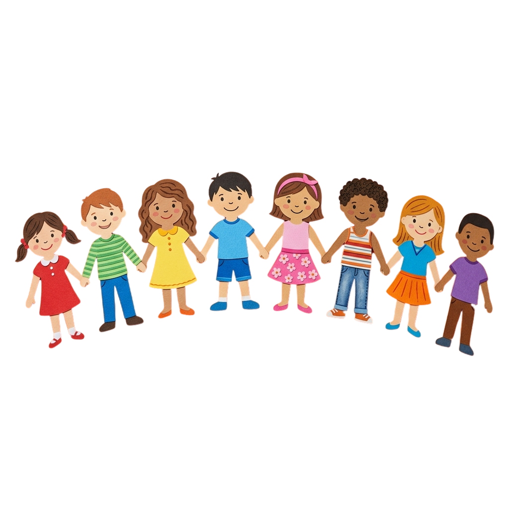 Eight smiling children of different ethnicities holding hands in a line