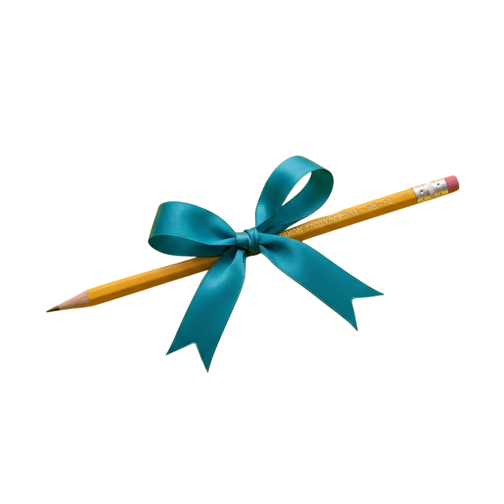 A yellow pencil adorned with a large blue satin bow tied around its middle