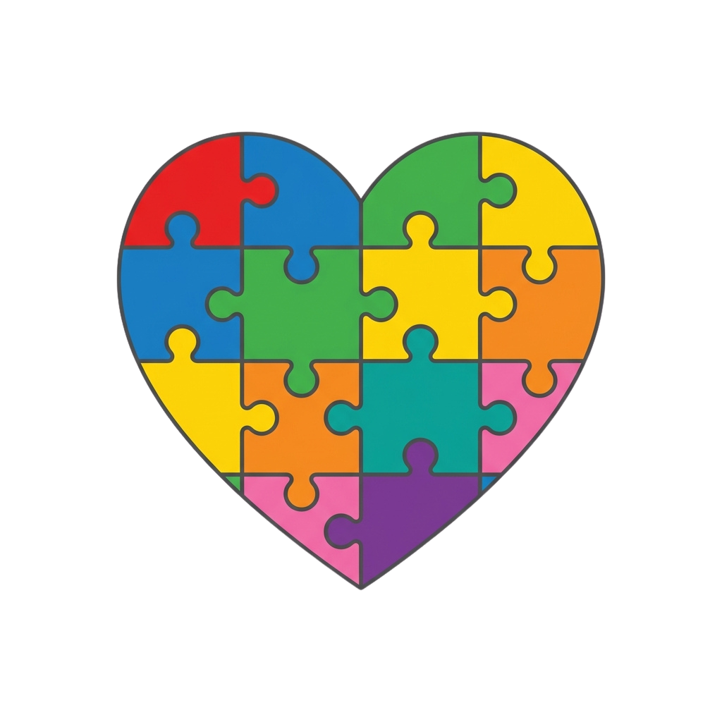 A heart made up of interlocking puzzle pieces in multiple bright colors