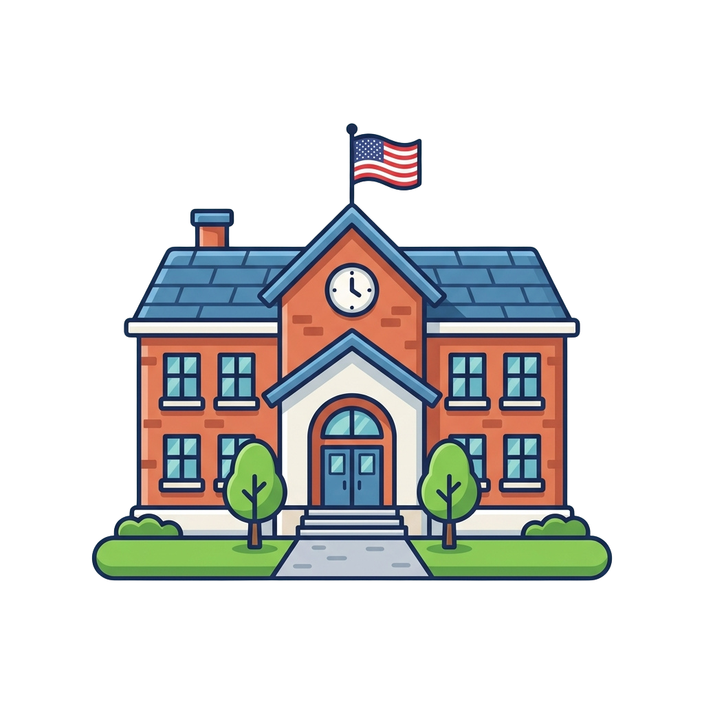 A stylized illustration of a red brick school building with a clock tower, flagpole displaying an American flag, and small trees.