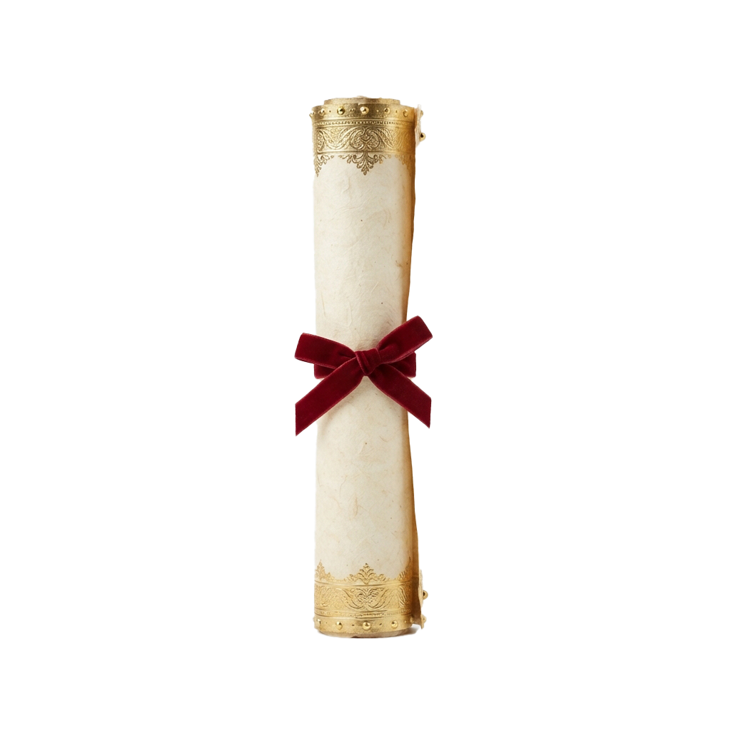 Aged diploma scroll tied with a maroon velvet ribbon against a dark background
