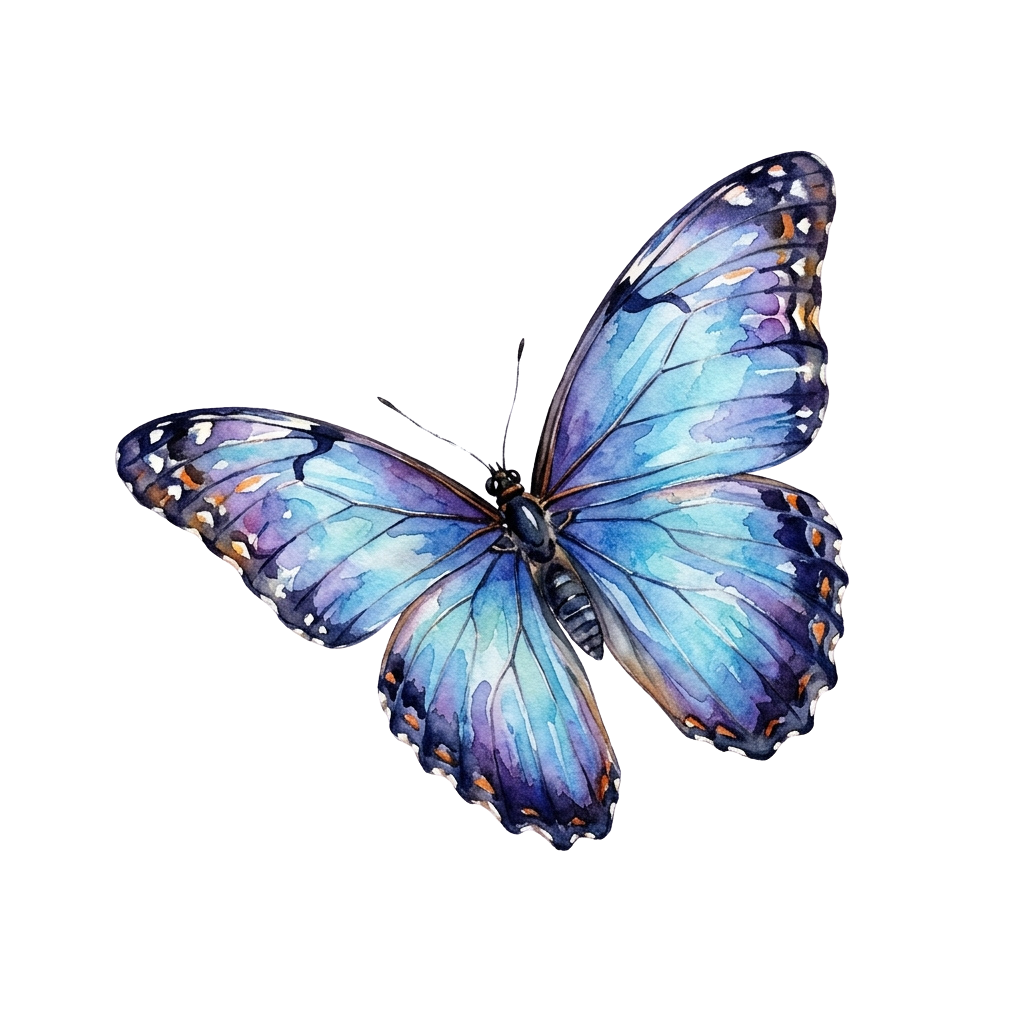 A detailed illustration of a blue butterfly with iridescent wings against a black background