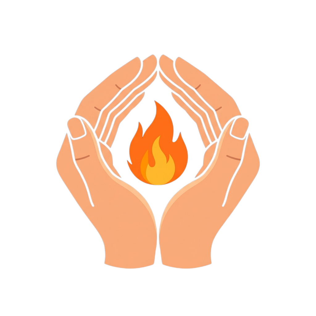 Two hands cupping a bright orange flame in a protective gesture