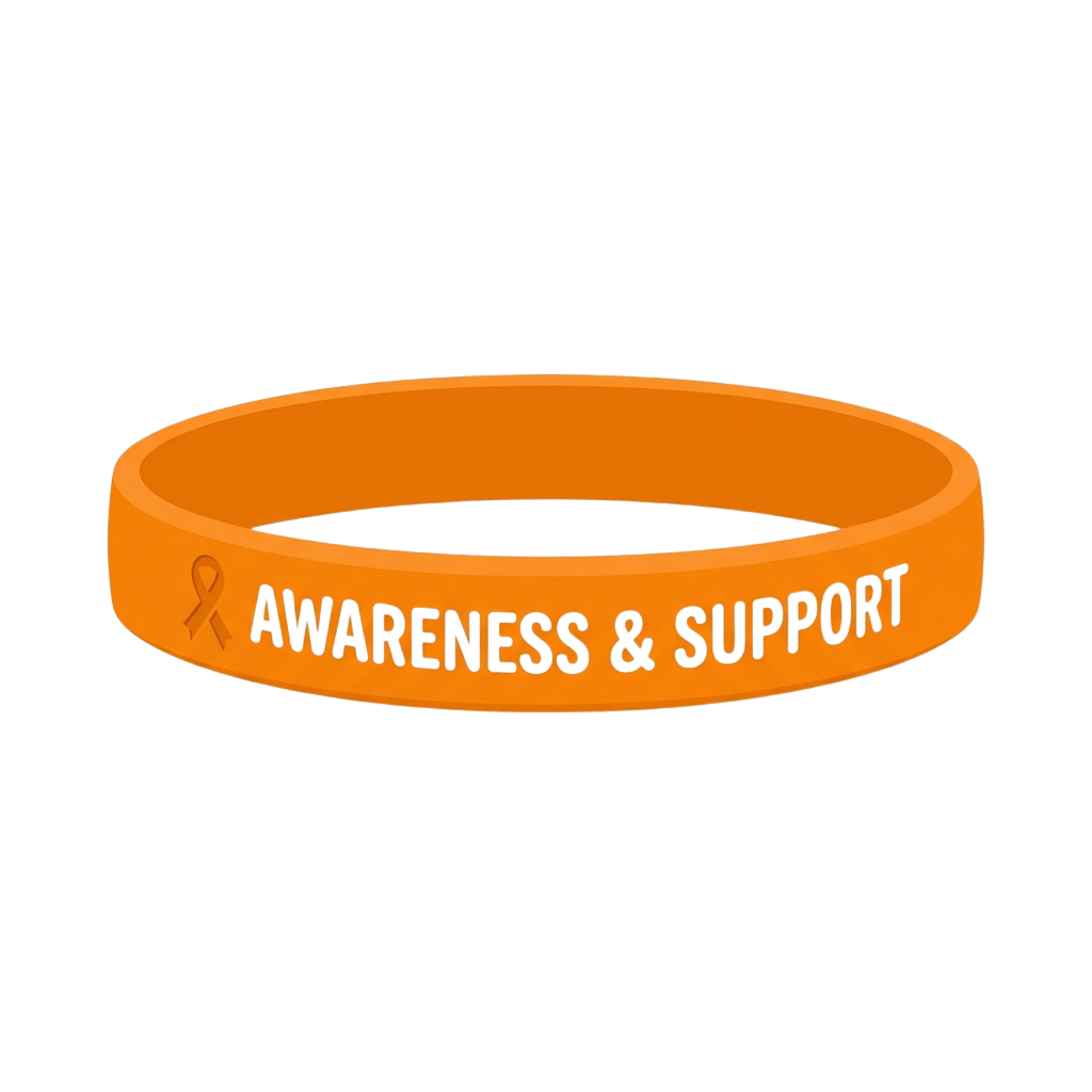 Bright orange wristband displaying awareness and support text with a ribbon symbol