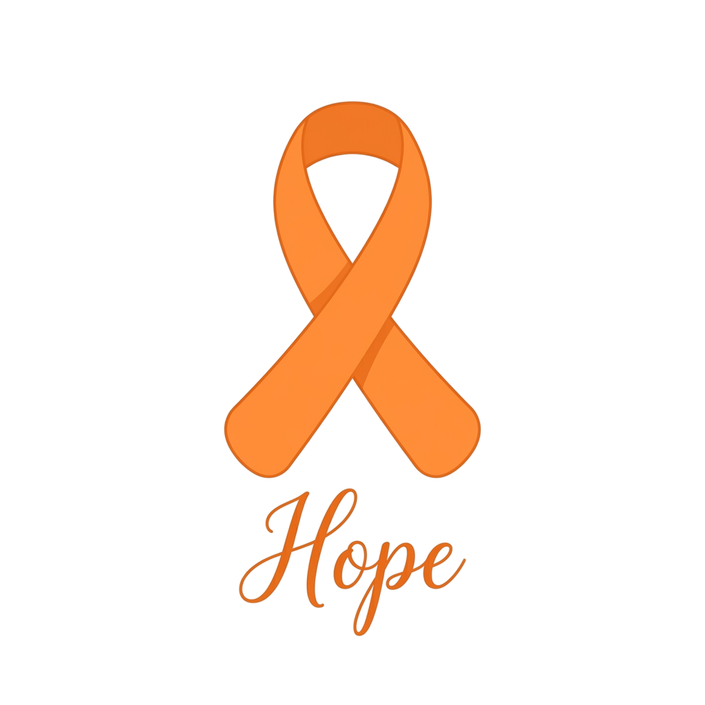 An orange ribbon symbolizing hope with the word Hope written underneath in cursive
