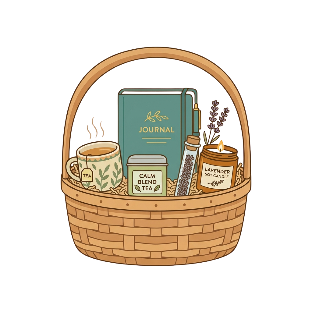 A woven basket containing a journal, tea, tea cup, lavender candle, and dried lavender bundle