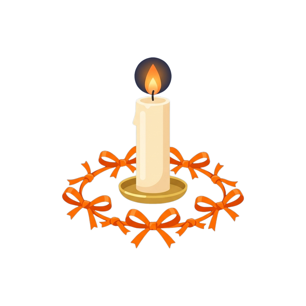 A lit candle on a gold base surrounded by a circular garland of orange ribbons