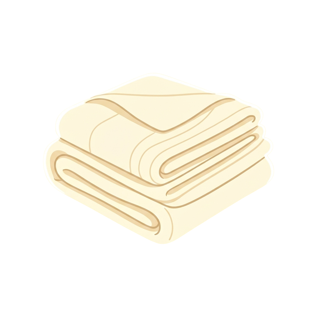A neatly folded stack of three light beige towels shown in an isometric perspective