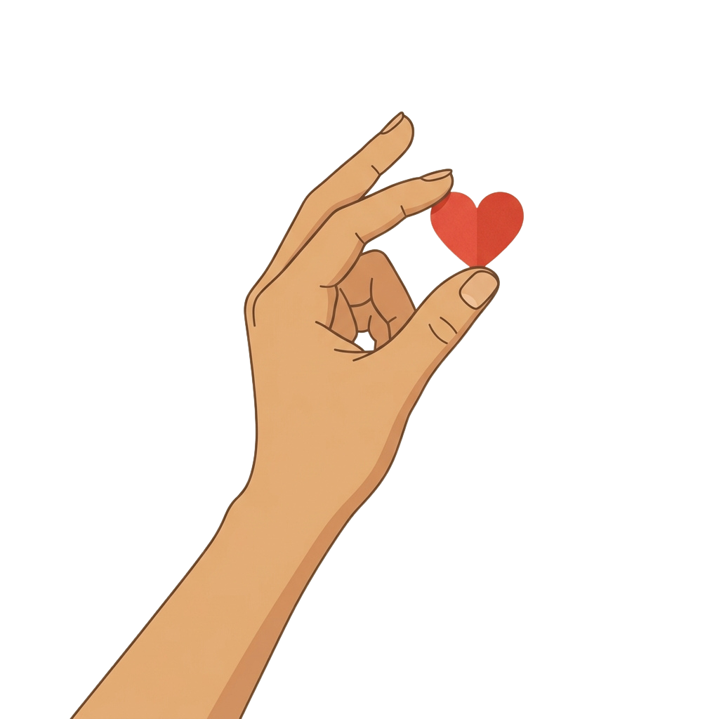 A hand pinching a small red heart shape between thumb and index finger