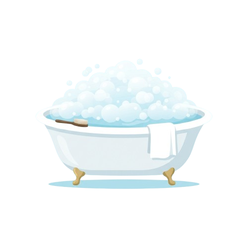 A white clawfoot bathtub filled with soapy bubbles and a loofah on the right side