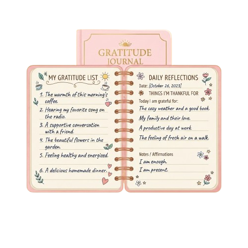 Pink gratitude journal page showing a gratitude list and daily reflections section with handwritten entries