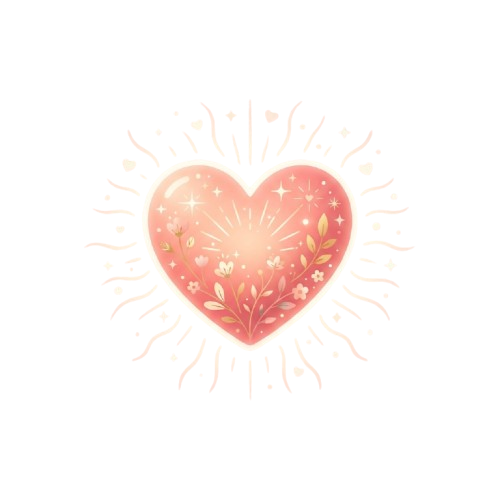 A glowing pink heart with floral patterns and radiating sparkles on a black background