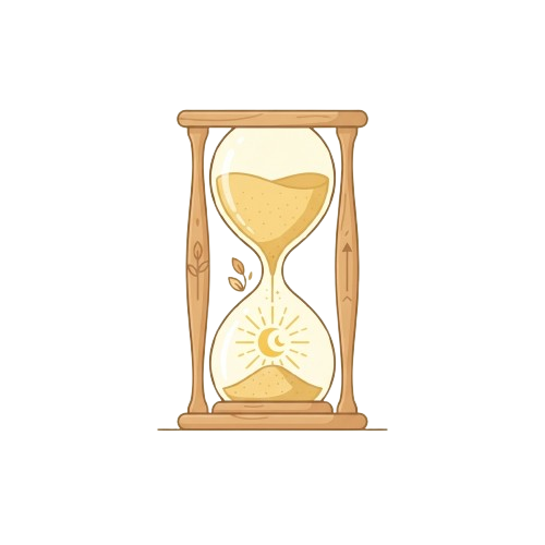 Wooden hourglass with sand flowing between two glass bulbs, sun and moon symbols inside the bottom bulb