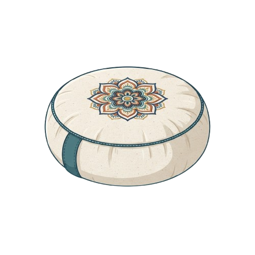 Round meditation cushion with a colorful mandala pattern on top and a teal trim around the edge