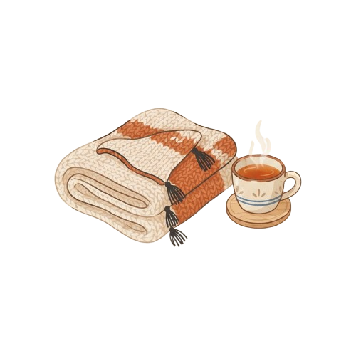 A folded knitted blanket with orange and beige stripes next to a steaming cup of tea on a saucer