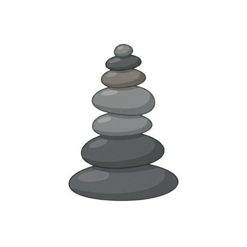 Five gray rounded stones stacked in a balanced pyramid shape against a dark background