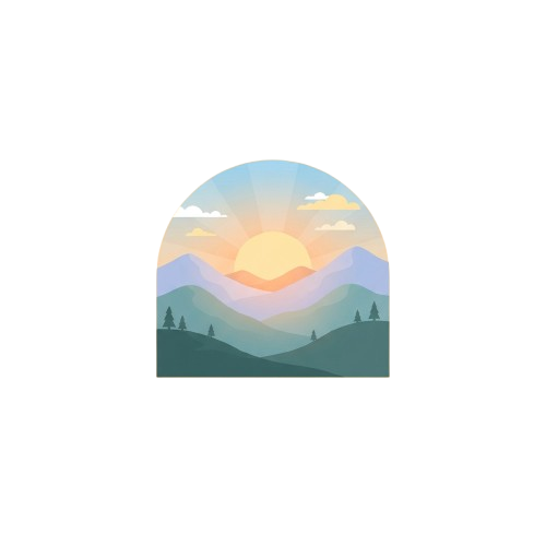 A serene sunset over rolling hills and mountains with a semi-circular frame.