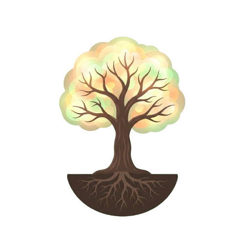 A stylized tree illustration with a glowing, gradient-filled canopy and visible roots extending into the ground.